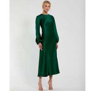 Mac Duggal Emerald Green Satin High Neck Long Sleeve Crystal Detail Midi Dress